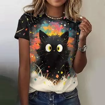 Животные Одежда для женщин Футболка женская Kawaii Cat Printed Short Sleeve Футболки Круглый вырез Hundred Streetwear Топы Повседневный стиль S