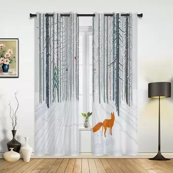 Животные Птицы Лисы Лес Зима Береза Дерево Оконные Шторы Домашний Декор Гостиная Шторы Детская Комната Cortinas Для Кухни Спальни 135W x 60H(cm) x1