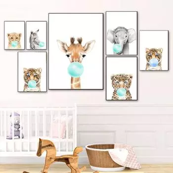Животные, пускающие мыльные пузыри, жираф, зебра, настенное искусство в детской комнате, картины на холсте, постеры и принты, настенные картины, декор детской комнаты без рамки 21*30cm No Frame