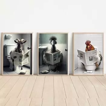 Животные сидят на унитазе и читают газету. Забавные рисунки для декора стен в ванной. Коза, курица, эму. Плакат с изображением стены в туалете. 21x30cm No Framed