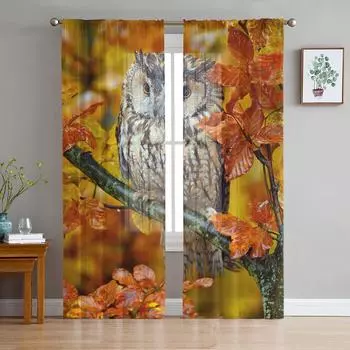 Животные Сова Кленовый лист Занавеска Окно Тюль Для Гостиной Спальни Кухни Окно Обработка Украшения Шторы W135 x H114cm