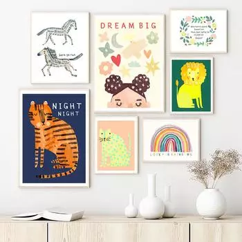 Животные Тигр Лев Лошадь Художественные принты Девушки Женщины Феминизм Современное настенное искусство Картина на холсте Картины Детская комната Дети Настенный декор 21x30cm No Framed белый