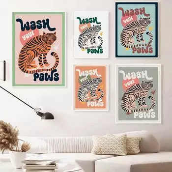 Животные Тигр моет лапы постеры для ванной комнаты забавные художественные принты для туалета модные максималистские настенные картины для гостиной домашний декор 21x30cm No Framed темно-синий