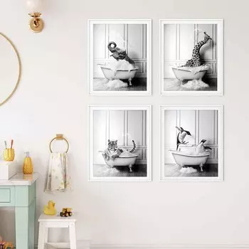 Животные Ванная комната Плакат для ванны Черно-белая настенная живопись Слон Тигр Жираф Зебра Печать на холсте Детская картина для детской комнаты A4 21x30cm No Frame