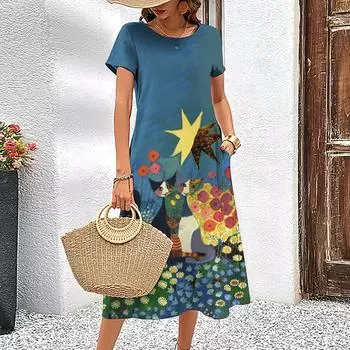 Животные женская модная и элегантная длинная юбка с короткими рукавами и милым принтом кота 3D женская одежда круглый вырез свободный пуловер S