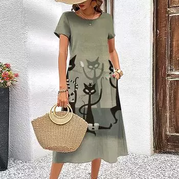 Животные Женские платья Мода Стильный Короткие рукава Длинное платье 3D Милый Кот Принт Женская одежда Круглый вырез Свободный пуловер 2024 S