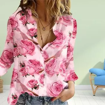 Животный розовый принт с розами женская блузка весна осень сорочка женская офисная женская рубашка на пуговицах с отложным воротником женские блузки женские XS белый