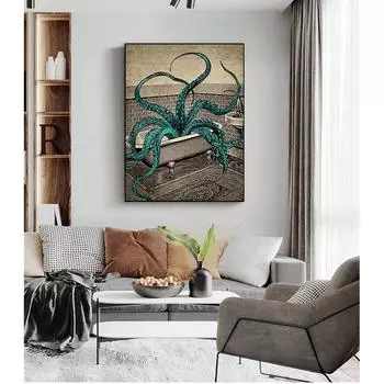 Жизнь Искусство Картина Ванная Комната Украшения Стены Осьминог Холст Плакат Ванна Настенная Художественная печать Картина Осьминог в ванне Море 21cm30cm NoFrame