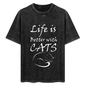 Жизнь лучше с кошками Футболка Тяжеловесы эстетичная одежда на заказ Мужские футболки с графикой Пакет S