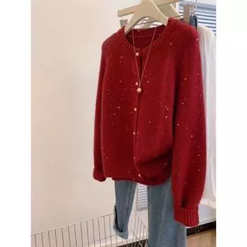Жизнь Нежная Атмосфера круглый вырез Кардиган Мягкий Клейкий Блестки Red S