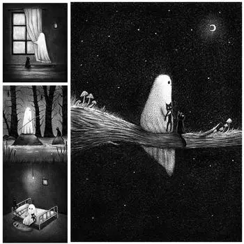 Жизнь одиноких белых призраков и черных кошек. Настенная живопись. Напечатанный на холсте Дневник призрака. Набор черно-белых карандашных художественных плакатов. 21cm30cm NoFrame