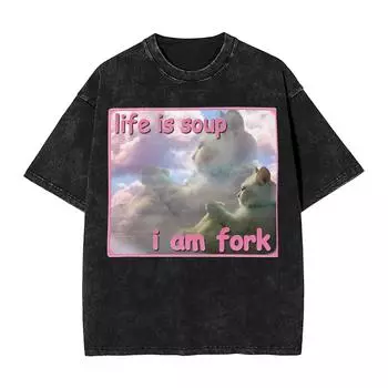Жизнь - суп, я вилка Футболка Летняя Смешная Мем про кота Y2K Базовые футболки Повседневная футболка для мужчин Футболки с принтом с коротким рукавом S