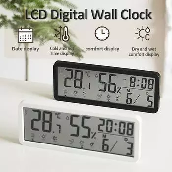 ЖК-цифровые настенные часы с дисплеем температуры сухого, влажного, холодного, горячего цвета, большой экран, многофункциональные электронные настольные часы для домашнего декора белый