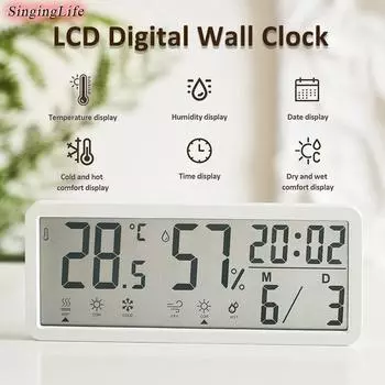 ЖК-цифровые настенные часы с дисплеем температуры и влажности, даты и времени, большой экран, многофункциональные электронные настольные часы для домашнего декора белый