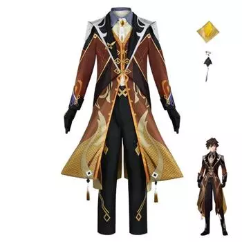 Zhongli Косплей Костюм Игра Genshin Impact Аксессуары Экипировка Хэллоуин Карнавал Вечерние Взрослые Ролевые Игры Униформа Полный Комплект для Мужчин XS чёрный