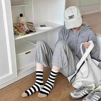 Zhuji Socks Women S Contrasting Striped Women S Socks Double-Needle Lazy Korean Basic Cotton Socks New Products One Size темно-розовый