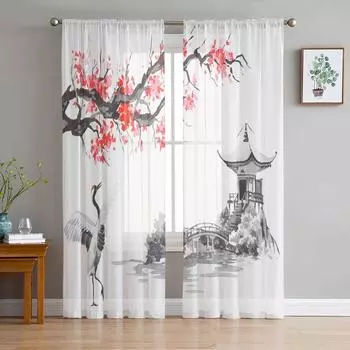 Журавль Сливовое дерево Павильон Чернильный цветок Китайский стиль Тюль Прозрачные оконные шторы Гостиная Спальня Вуаль Шторы из органзы Портьеры W135 x H115cm x1
