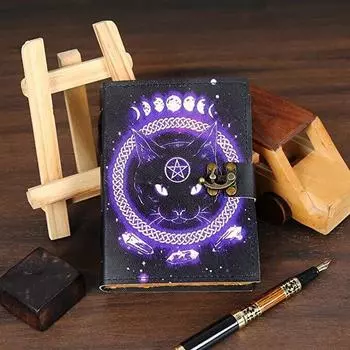 Журнал Гримуара Кожаный принт Журнал кельтского кота Пустая книга заклинаний теней 5 x 7 in чёрный