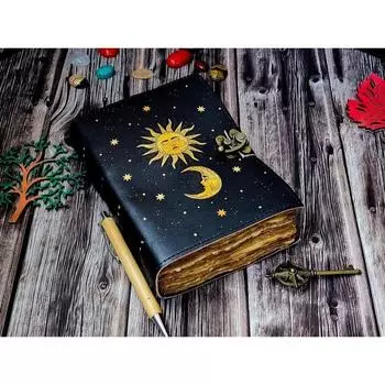 Журнал из кожи Sun Moon, 200 страниц, бумага с неровным краем, винтажный журнал, кожа 7 x 5 in чёрный