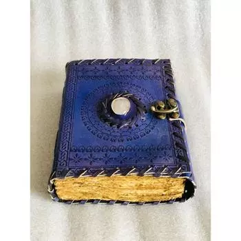 Журнал из натуральной кожи с полудрагоценными камнями - застежка-замок, страницы из антикварной бумаги с необработанным краем 7 x 5 дюймов 7 x 5 in синий