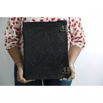 Журнал из толстой кожи, большой, 400 страниц, черный пентакль, гримуар, книга теней, кожаный блокнот, пустая книга ручной работы, альбом для рисования 13 x 10 in чёрный