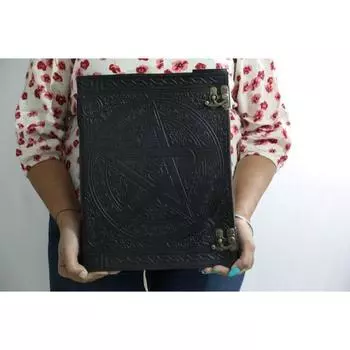 Журнал из толстой кожи, большой, 400 страниц, черный пентакль, гримуар, книга теней, кожаный блокнот, пустая книга ручной работы, альбом для рисования 10 x 13 in чёрный