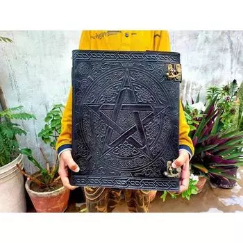 Журнал ручной работы из кожи Викка, черная пентаграмма, тисненая пустая книга заклинаний теней, блокнот, гримуар, книга для записей для мужчин и женщин 13 x 10 in чёрный