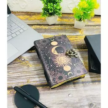 Журнал «Солнце и луна» Гримуар, книга заклинаний, журнал с принтом, страницы в деревенском стиле, размер 7x5, латунный замок с застежкой C, 240 бумажных подарков для нее 5 x 7 in чёрный