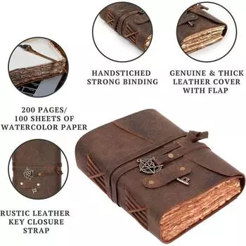 Журнал в кожаном переплете с ключом, 7 дюймов x 5 дюймов, коричневый, акварельная бумага Dekle Edge с 200 краями 7 x 5 in коричневый
