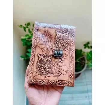 Журнал в кожаном переплете с тиснением совы и замком, кожаный блокнот ручной работы Журнал без подкладки Дневник путешествий Журнал среднего размера с замком Необычный дневник 7 x 5 in коричневый