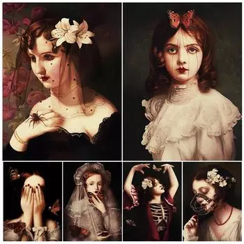 Жуткая готическая девушка в винтажном стиле, настенная живопись на холсте, бабочка, невеста и паук, леди, художественный постер и принт для декора гостиной, без рамки 21*30cm