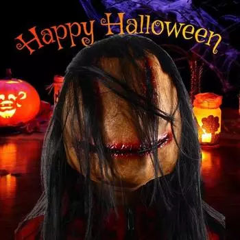 Жуткая подушка для лица на Хэллоуин с волосами из натурального латекса, сшитая в ужасах, крышка для головы девушки-призрака для вечеринки в стиле косплея чёрный