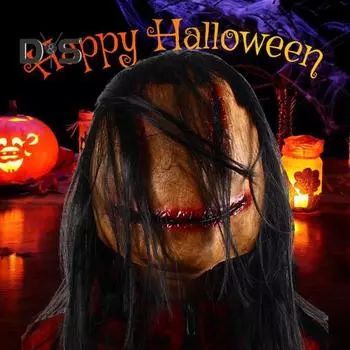 Жуткая подушка для лица на Хэллоуин с волосами из натурального латекса, сшитая в ужасах, крышка для головы девушки-призрака для вечеринки в стиле косплея чёрный