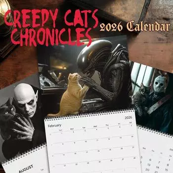 Жуткие коты 2026 Настенный календарь Подарок для поклонников фильмов ужасов, Подарок для любителей страшных фильмов, Жуткий подарок для любителей кошек-ужасов One Size