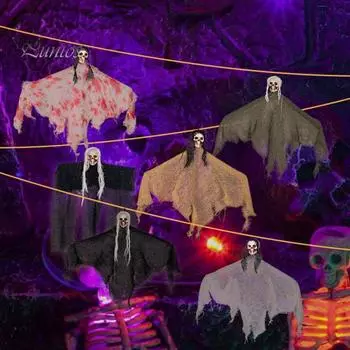 Жуткий Хэллоуин, висящий призрак, реалистичный с висящей веревкой, призрачное лицо, призрак, небольшой подвесной флаг, патио, крыльцо, на открытом воздухе коричневый/зелёный