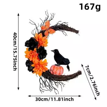 Жуткий Хэллоуинский венок: Оранжево-черный ворон с луной, тыквами и сушеными лозами – идеальное фестивальное украшение для двери или стены