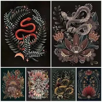 Жуткий лес цветочный жук и мотылек народное искусство печать плакатов Бохо ведьма волшебный лес змея и ботаника настенное искусство украшение дома без рамки 21*30cm