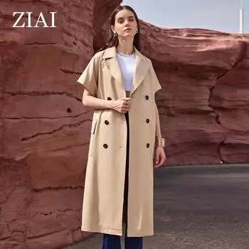 ZIAI 2024 весна осень длинный женский плащ женская ветровка с коротким рукавом и поясом с лацканами модная верхняя одежда пальто женская куртка одежда ZS-30115 XS хаки