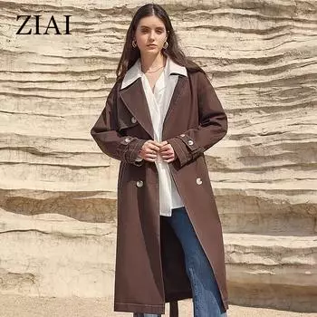 ZIAI 2024 весна осень длинный женский плащ женская ветровка двубортный ремень с лацканами модная верхняя одежда пальто женская одежда ZS-30117 XS коричневый
