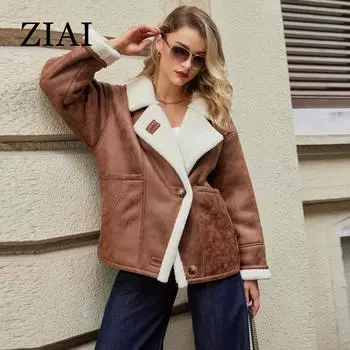 ZIAI 2024 зимняя куртка из искусственной кожи для женщин, теплое пальто с меховым воротником, женские парки из искусственной кожи, модная верхняя одежда из меха и кожи для девочек ZN-E30186 S коричневый