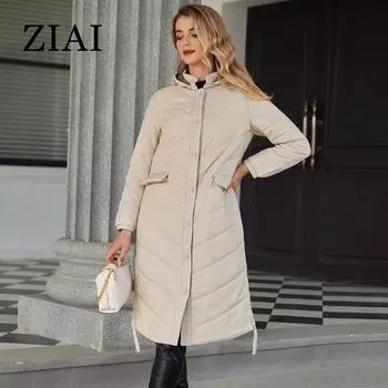 ziai Осенне-зимняя женская куртка, длинное теплое стеганое пальто с капюшоном, однотонная свободная стеганая парка, женская одежда для девочек ZM-20494 S бежевый