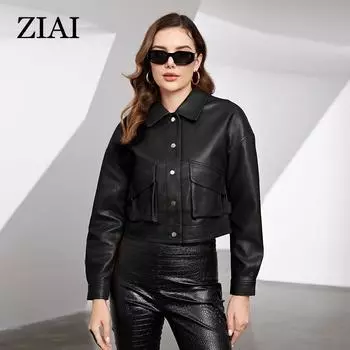 ziai Новая весна осень женская короткая куртка из искусственной кожи повседневное пальто из искусственной кожи свободные мотоциклетные куртки модная уличная одежда большое корейское пальто YDP-21762 S верблюд