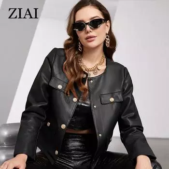 ziai Новая весна осень женская короткая куртка из искусственной кожи повседневное пальто из искусственной кожи свободные мотоциклетные куртки модная уличная одежда большое корейское пальто YDP-21597 M чёрный