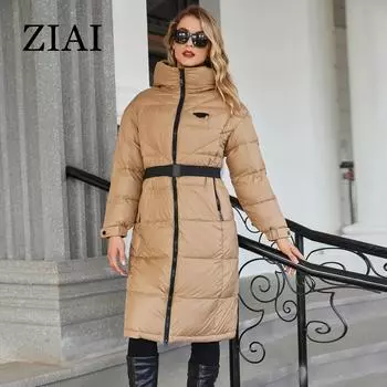 ziai Зимняя женская парка с капюшоном и поясом, толстая теплая хлопковая модная верхняя одежда, длинный пуховик, стеганое пальто, женская одежда ZR-20288 S бежевый