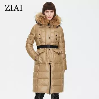 ZIAI женская зимняя парка теплая длинная куртка с воротником из натурального меха стеганые пальто толстая женская верхняя одежда женское пальто с поясом ZR-7266 XS чёрный