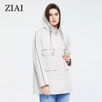 ZIAI Женский Тренч весенний короткий с капюшоном на шнурке с буквами и молнией для повседневного использования L легкий стальной синий