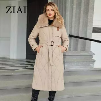 ZIAI зимняя женская парка большой меховой воротник капюшон пояс толстое теплое пальто длинный пуховик стеганое пальто женская одежда ZR-20669 S хаки