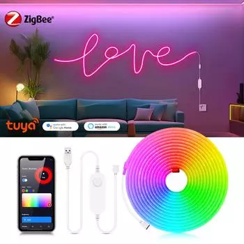 Zigbee 3,0 неоновая RGB светодиодная лента USB 5 В лента с регулируемой яркостью работает с Tuya Smart Gateway Hue Bridge SmartThings Alexa Google