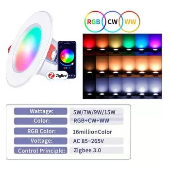 Zigbee Smart LED Downlight RGB Цветопередача Теплый Холодный Свет 5/7/10/15 Вт Диммируемый Круглый Точечный Светильник Alexa Google Home Smart Life 5W