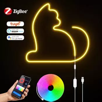 Zigbee Smart LED Гибкая Силиконовая Неоновая Светодиодная Вывеска RGB Полоса Лампа Веревка Водонепроницаемый Диммируемый Пульт Дистанционного Управления USB 5 В SMD 3535 1m